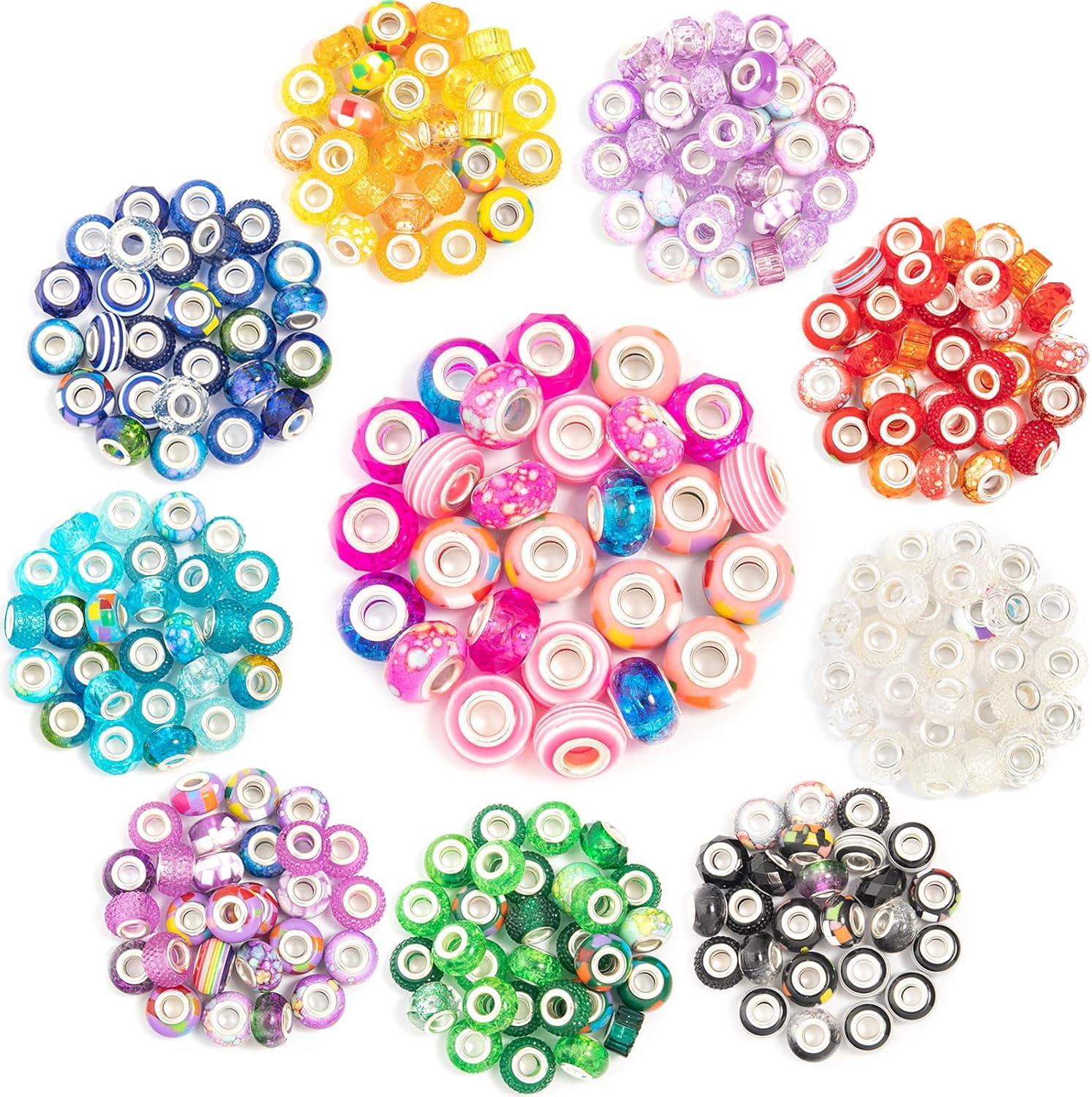 210 cuentas europeas de agujeros grandes, cuentas de manualidades europeas surtidas, cuentas de diamantes de imitación de colores mixtos, cuentas