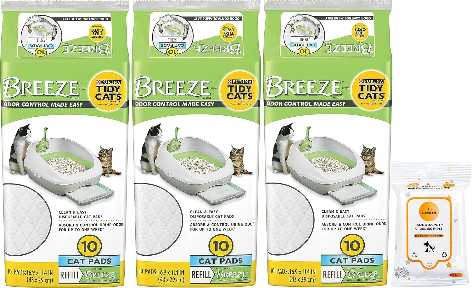 Tidy Cats Breeze – Paquete de recambio de almohadillas para gatos (3) 10 unidades con toallitas Aurora Pet