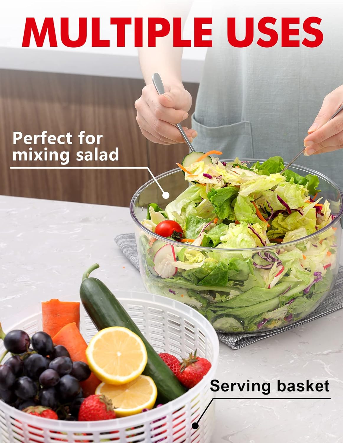 Escurridor de ensalada de gran capacidad de 5 litros, fácil de limpiar, con cuenco, lavadora y secadora, apto para lavavajillas, ideal para verduras