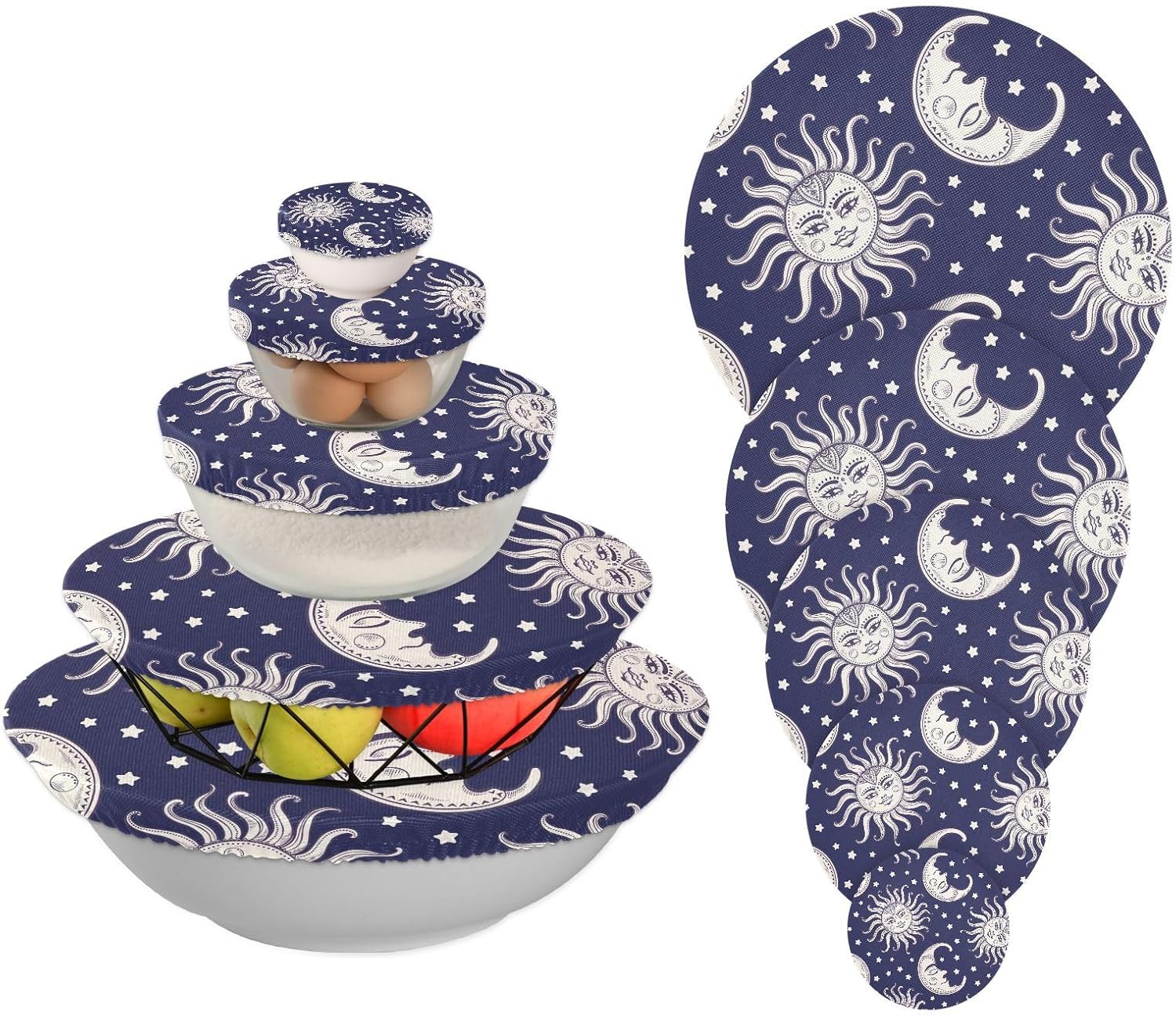 Sun Moon – 5 fundas elásticas reutilizables para cuencos para almacenamiento de alimentos, tapas de tela elástica con 5 tamaños diferentes, tapas de