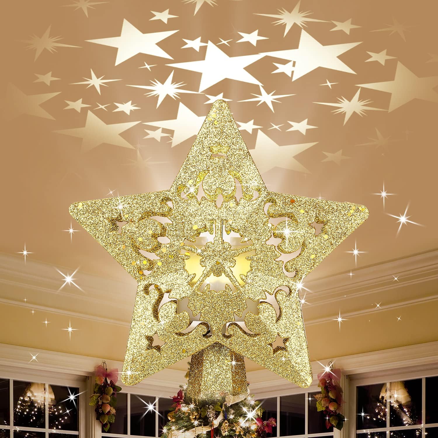 Decoración para árbol de Navidad, estrella iluminada con luz LED giratoria de estrella, estrella dorada con purpurina 3D, luces de proyector de