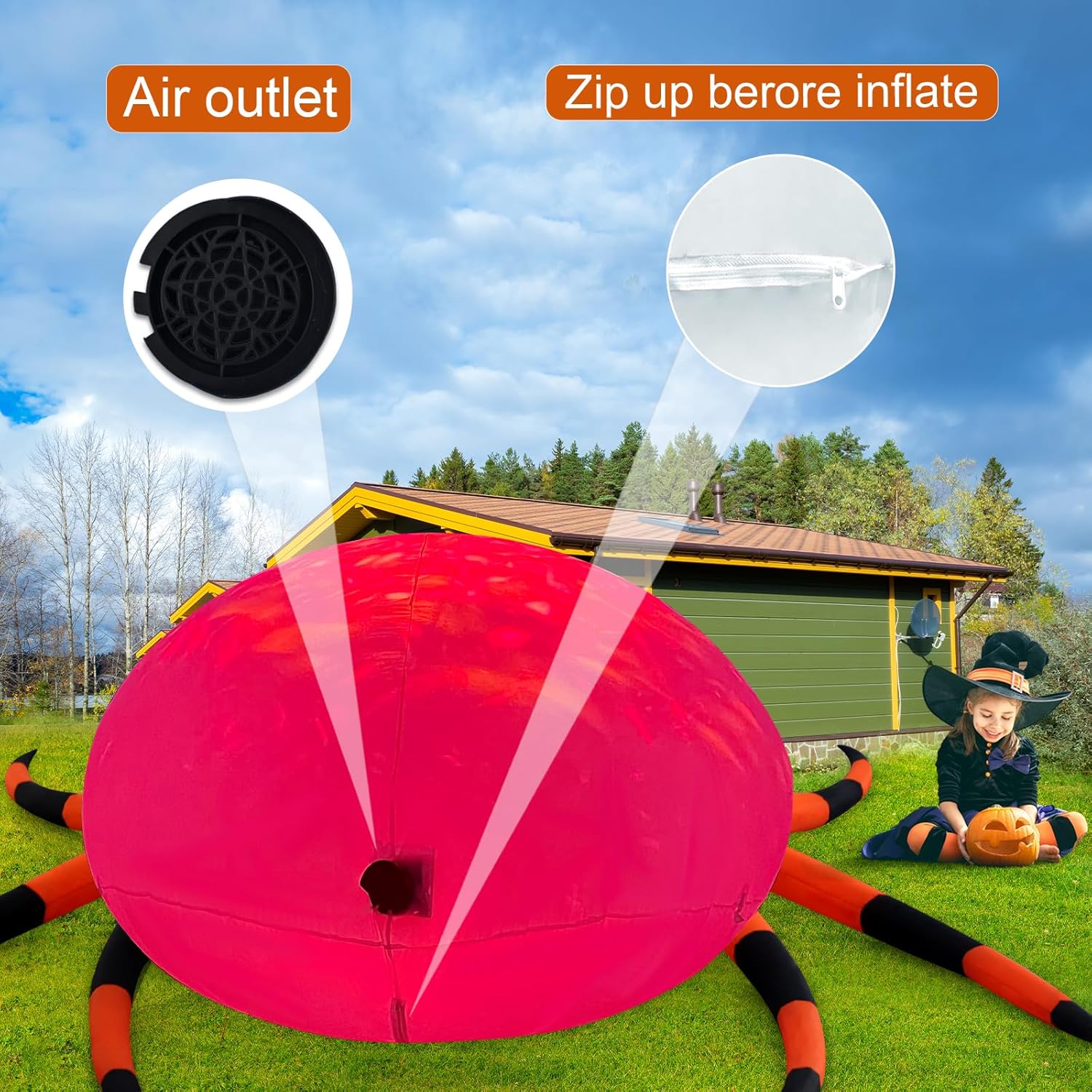 Araña de llama naranja de 12 pies, decoración inflable para exteriores, decoración al aire libre con luces LED, decoración inflable de vacaciones