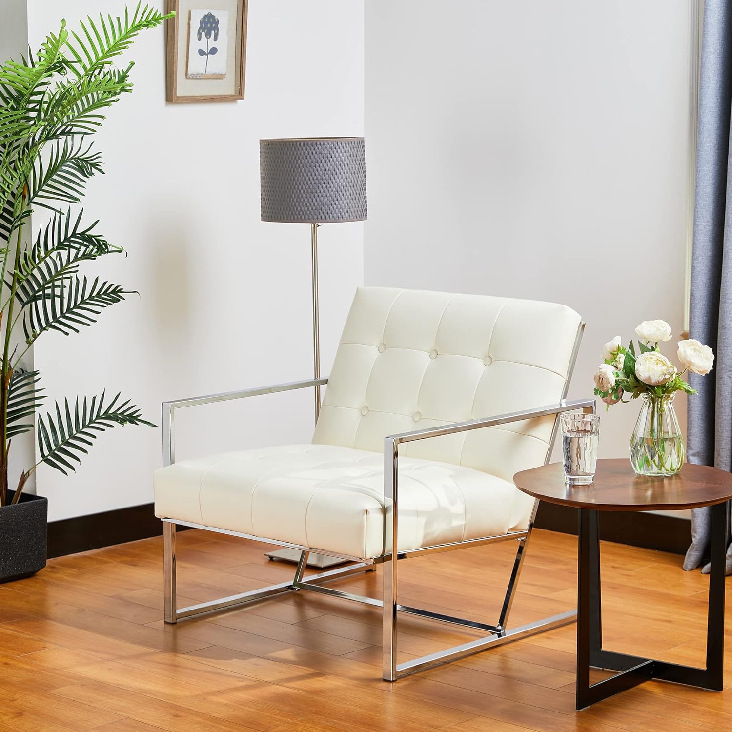 glitzhome Silla decorativa moderna de mediados de siglo, sillas modernas para sala de estar con marco de metal duradero, acolchado de piel
