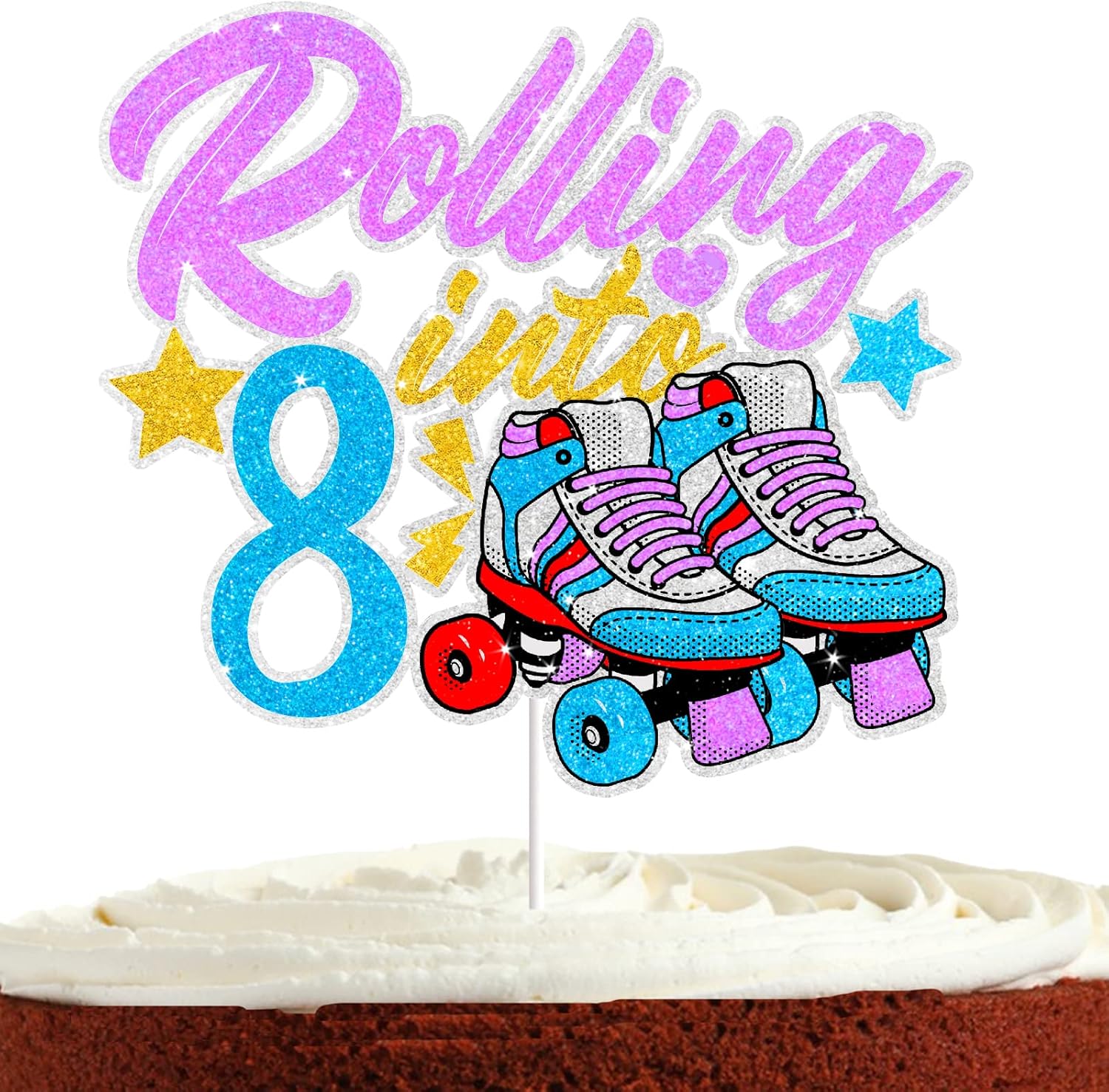 Decoración para tartas de patinaje para niños y niñas, 8 cumpleaños, retro, de los años 80, 90, 80, arcoíris, patinaje, suministros de fiesta de
