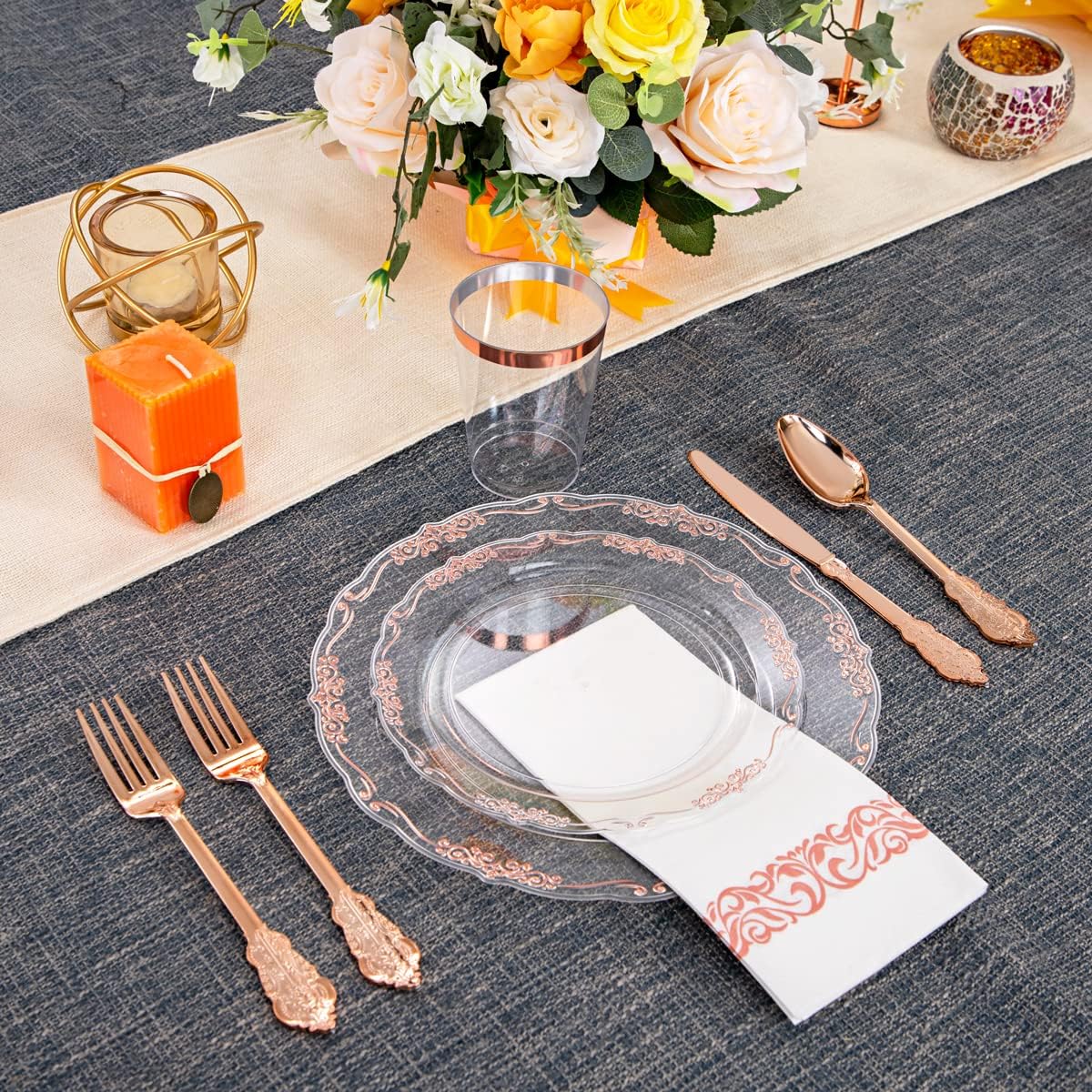 LIYH – 210 platos de plástico transparente y oro rosa con cubiertos desechables de oro rosa que incluyen 30 platos de cena, 30 platos de ensalada,