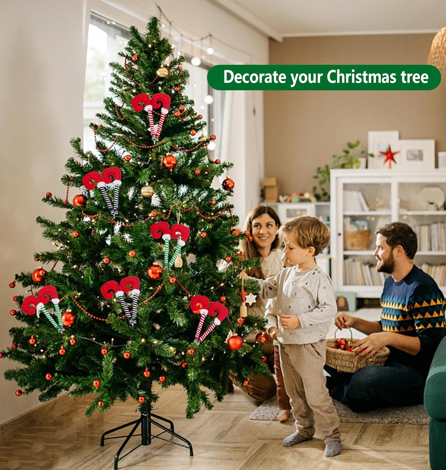 6 púas de patas de elfo de Navidad, adornos de árbol de pies de elfo de 13 pulgadas con alambre fijo, púas de felpa a rayas para patas de elfo para