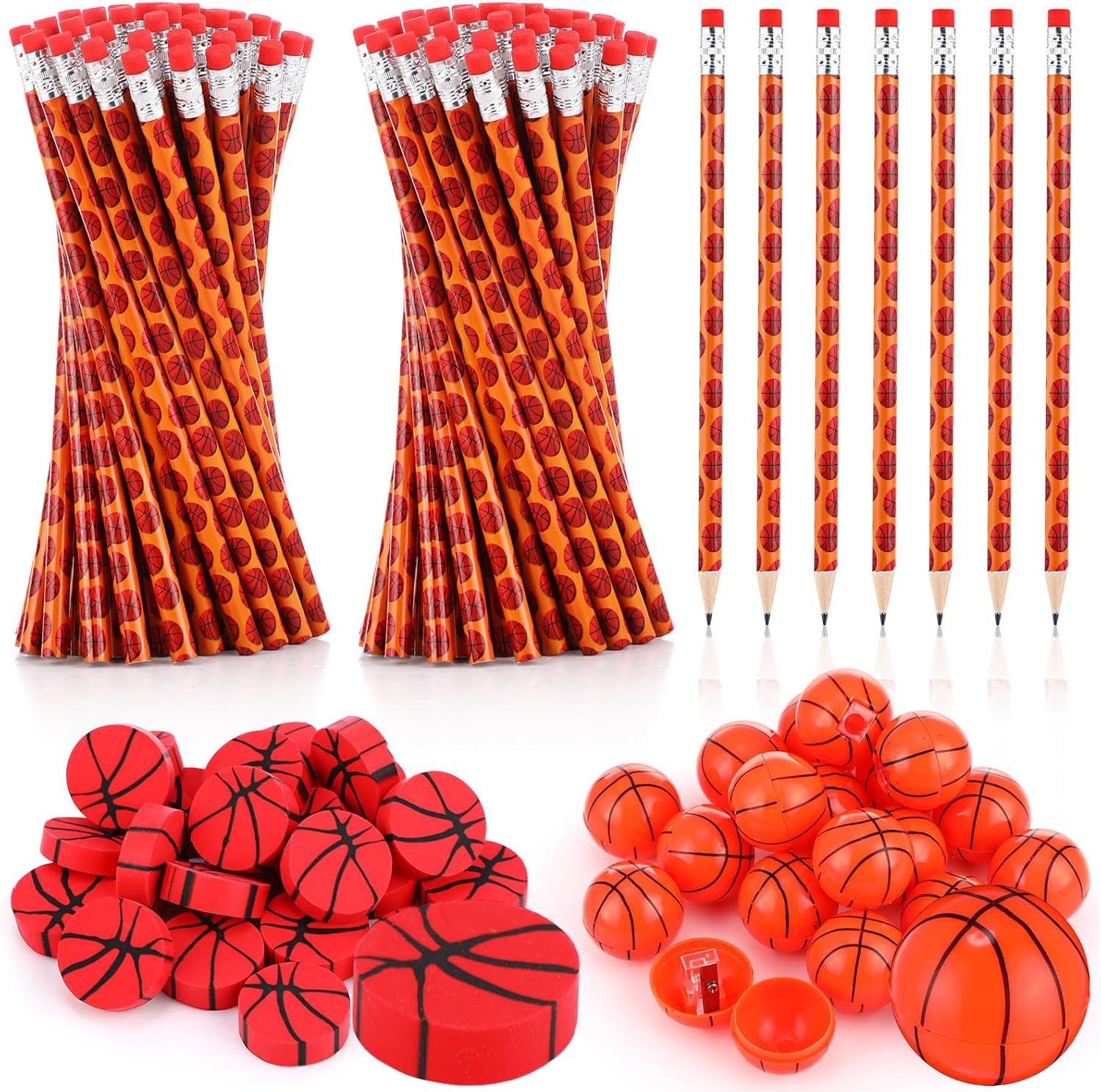 150 lápices deportivos para niños, incluyen 50 lápices de baloncesto, fútbol, béisbol, sóftbol, fútbol, 50 borradores de bolas y 50 sacapuntas,