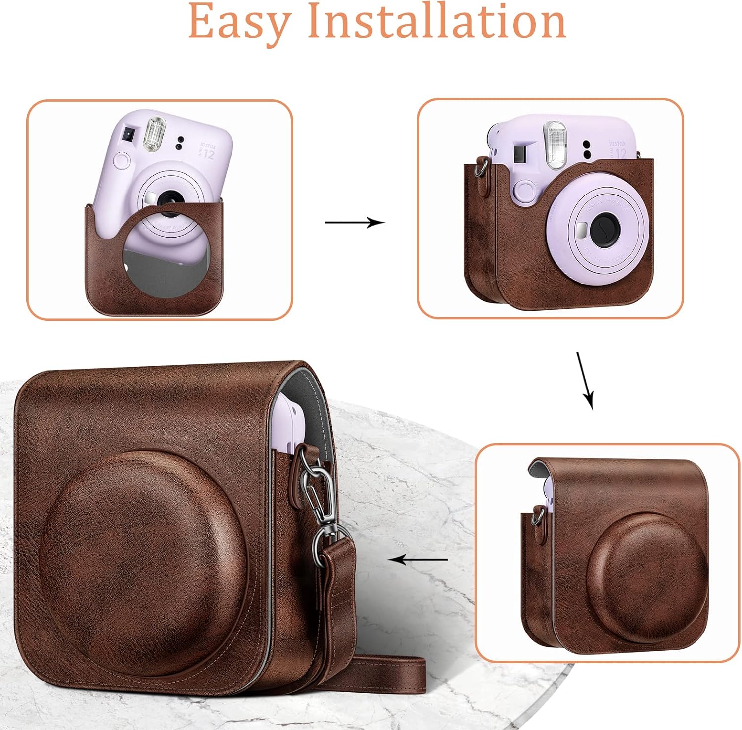 Fintie Funda protectora para cámara instantánea Fujifilm Instax Mini 12 – Funda de piel vegana premium con correa ajustable extraíble, color marrón
