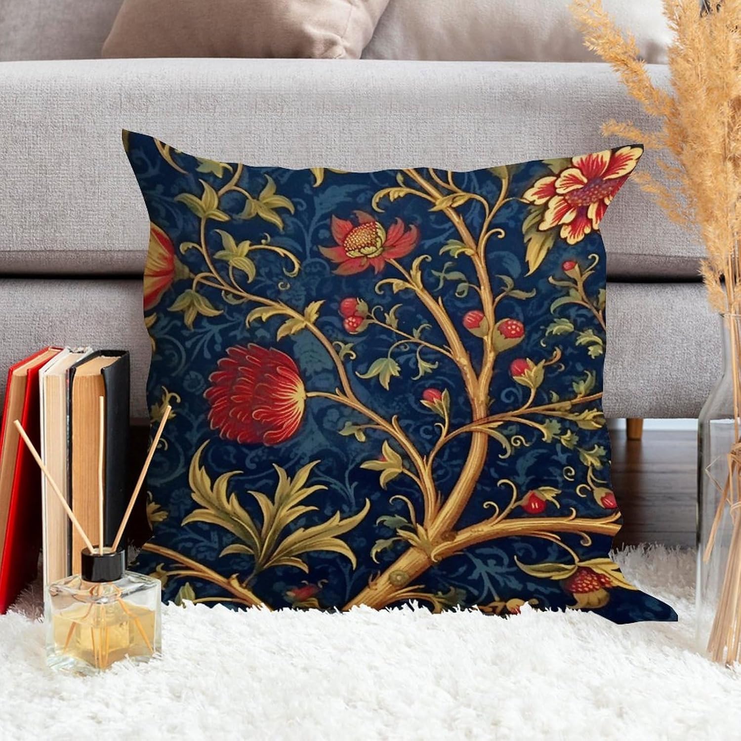 ArogGeld Cojín botánico de lino blanco con flores de olivo burdeos, color azul marino y rojo, floral, blanco, funda de cojín para sofá, chinoiserie