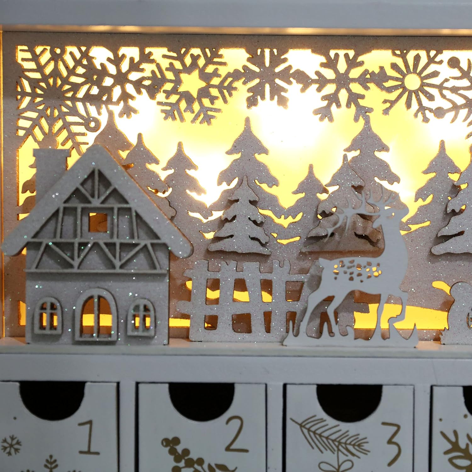PIONEER-EFFORT Calendario de Adviento de madera de Navidad con LED, blanco y dorado, cuenta regresiva de renos de Navidad, regalos de vacaciones con