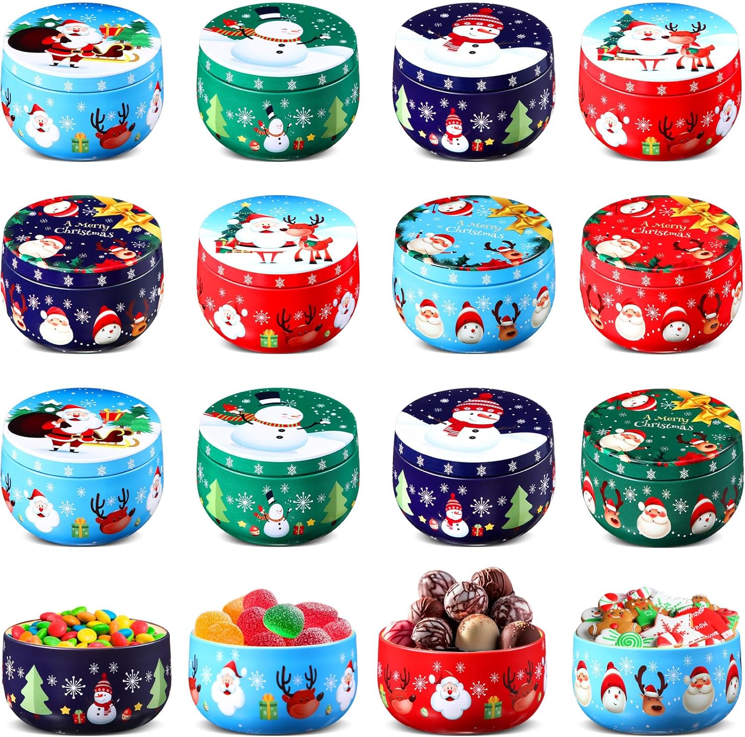 Mumufy 24 latas de galletas de Navidad, 8 estilos de hojalata de caramelos, latas retro, recipientes de almacenamiento de latas de metal para