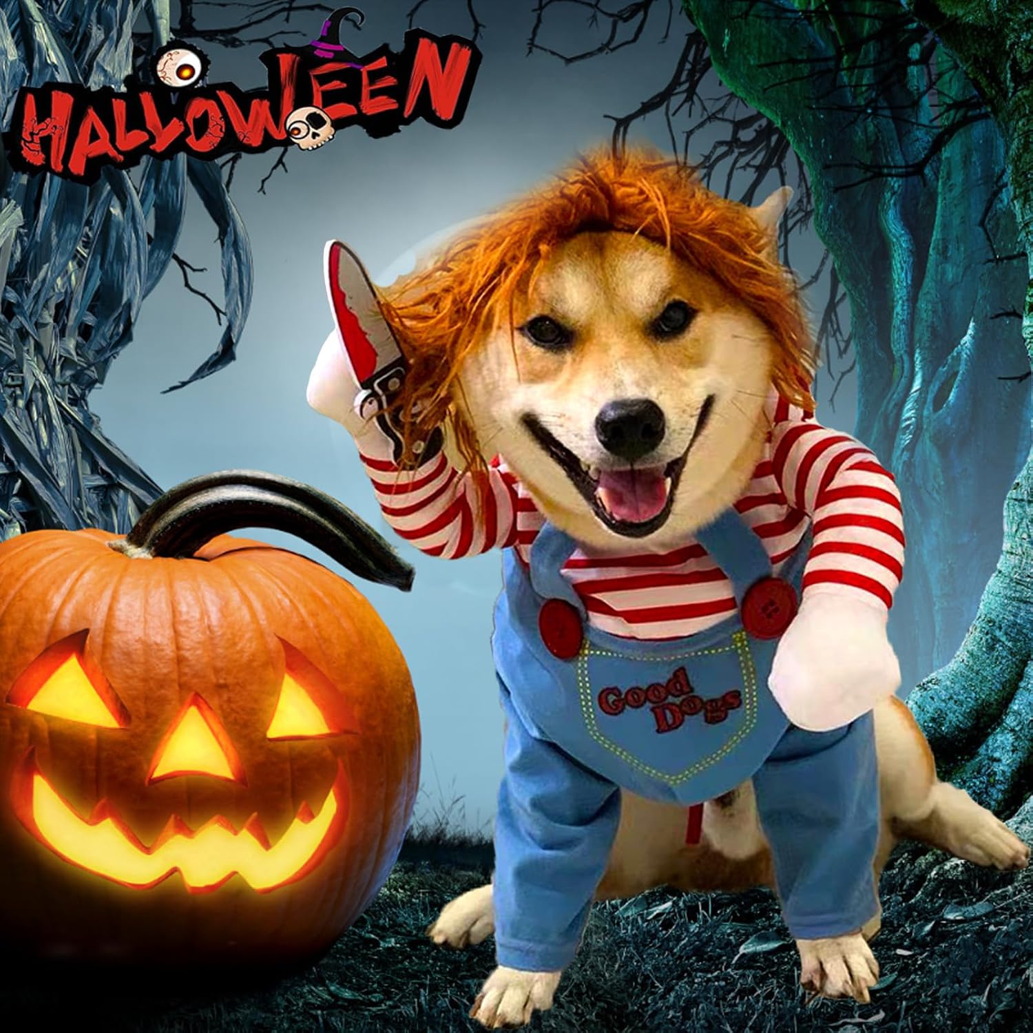 Disfraz de perro de muñeca mortal para mascotas, divertidos disfraces de Halloween de Chucky, ropa de perro linda, disfraz de fiesta de cosplay para