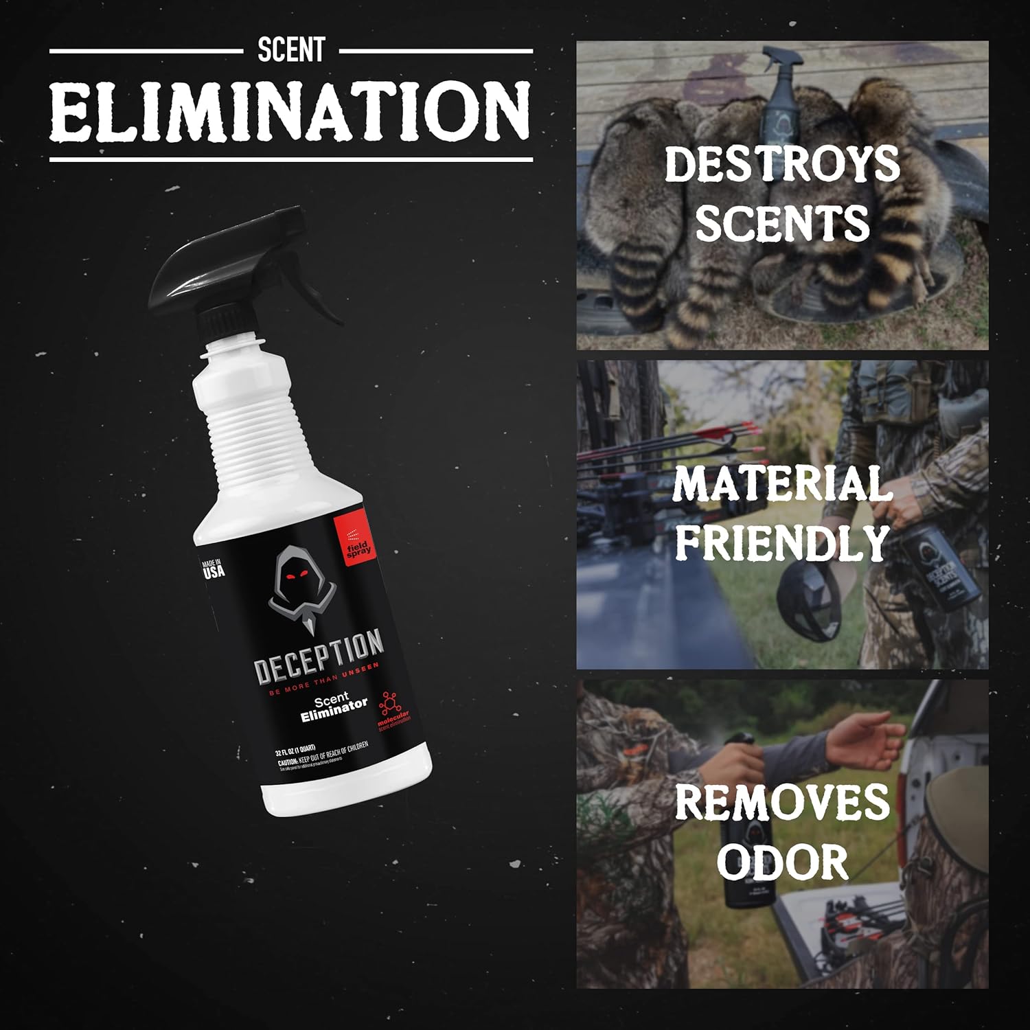 Spray de campo de caza, botella de caza eliminadora de aroma de 32 onzas, cazadores seguros para la ropa, sin olor, para caza, control de olores de