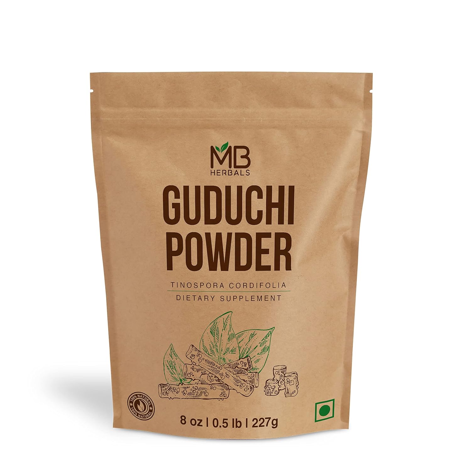 MB Herbals Polvo de Guduchi de 8 onzas  0.5 libras (8.01 oz)  Polvo de Guduchi orgánico silvestre  Neem-Giloy  Procesado a partir de los tallos de