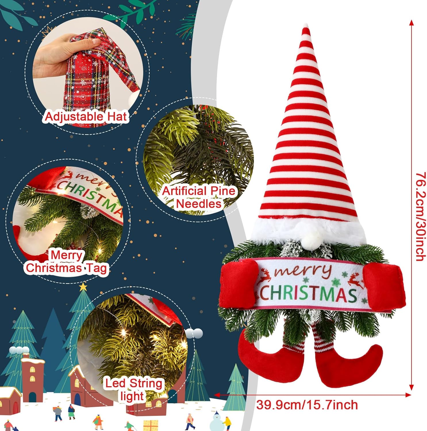2 piezas de corona de Navidad de 30 pulgadas para puerta delantera, corona de Navidad con luz de pino artificial de abeto colgante, gnomo de Papá