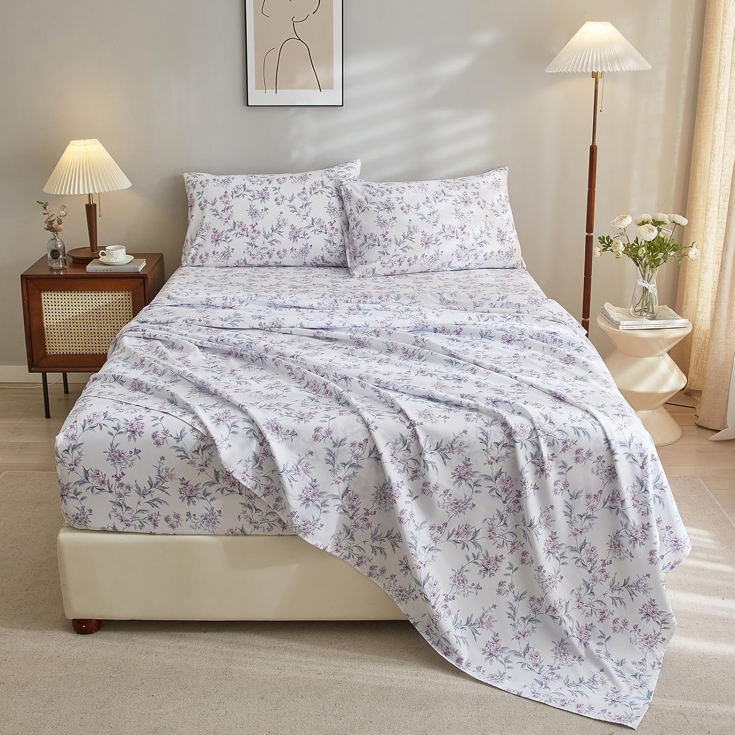 VClife Sábanas de microfibra suave con estampado floral, tamaño individual, color blanco, para niña, mujer, juego de sábanas de ramas florales