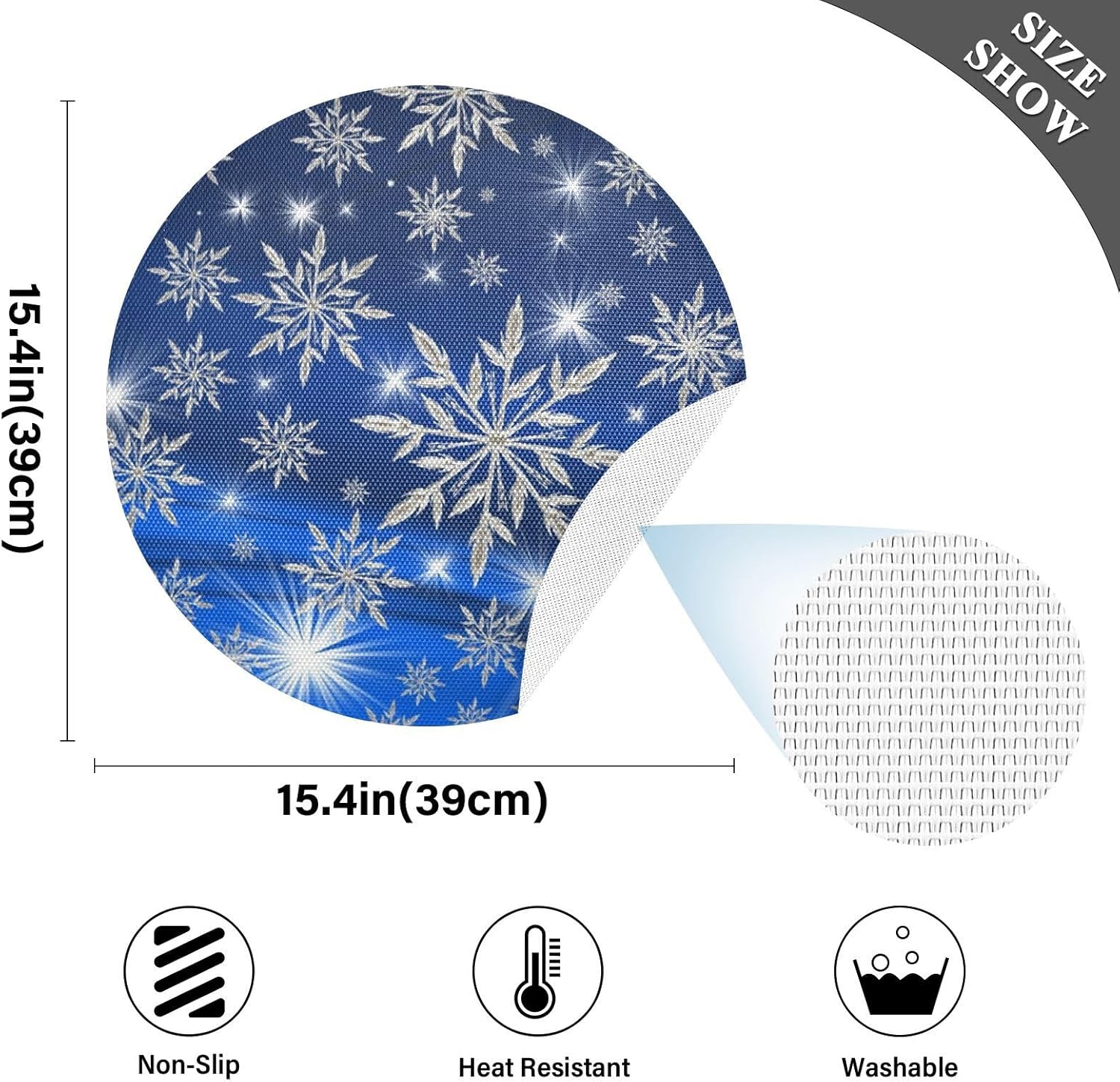Kcldeci Juego de 4 manteles individuales de Navidad para mesa de comedor, diseño de copos de nieve de Navidad, color azul, manteles individuales