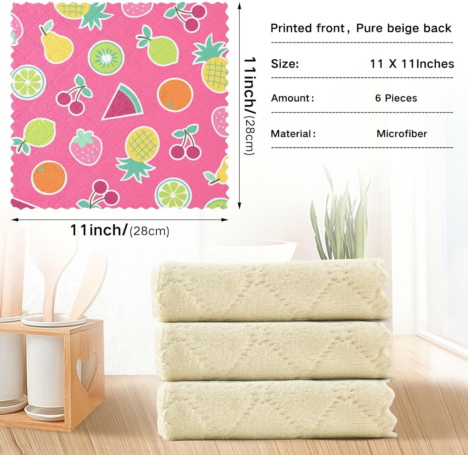Pink Tropical Fruits Soft Print Microfiber Kitchen Dish Towels Fast Drying Set of 6 Dish Tea Towels for Restaurant Sink