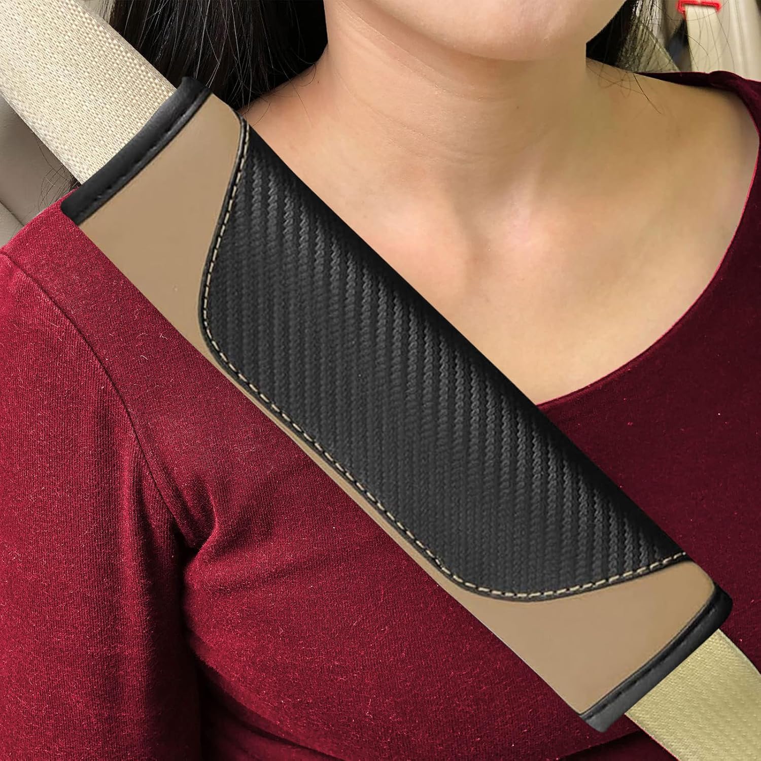 2 almohadillas para cinturón de seguridad, protector de cinturón de seguridad de fibra de carbono, fundas de cuero suave y transpirable, cojín