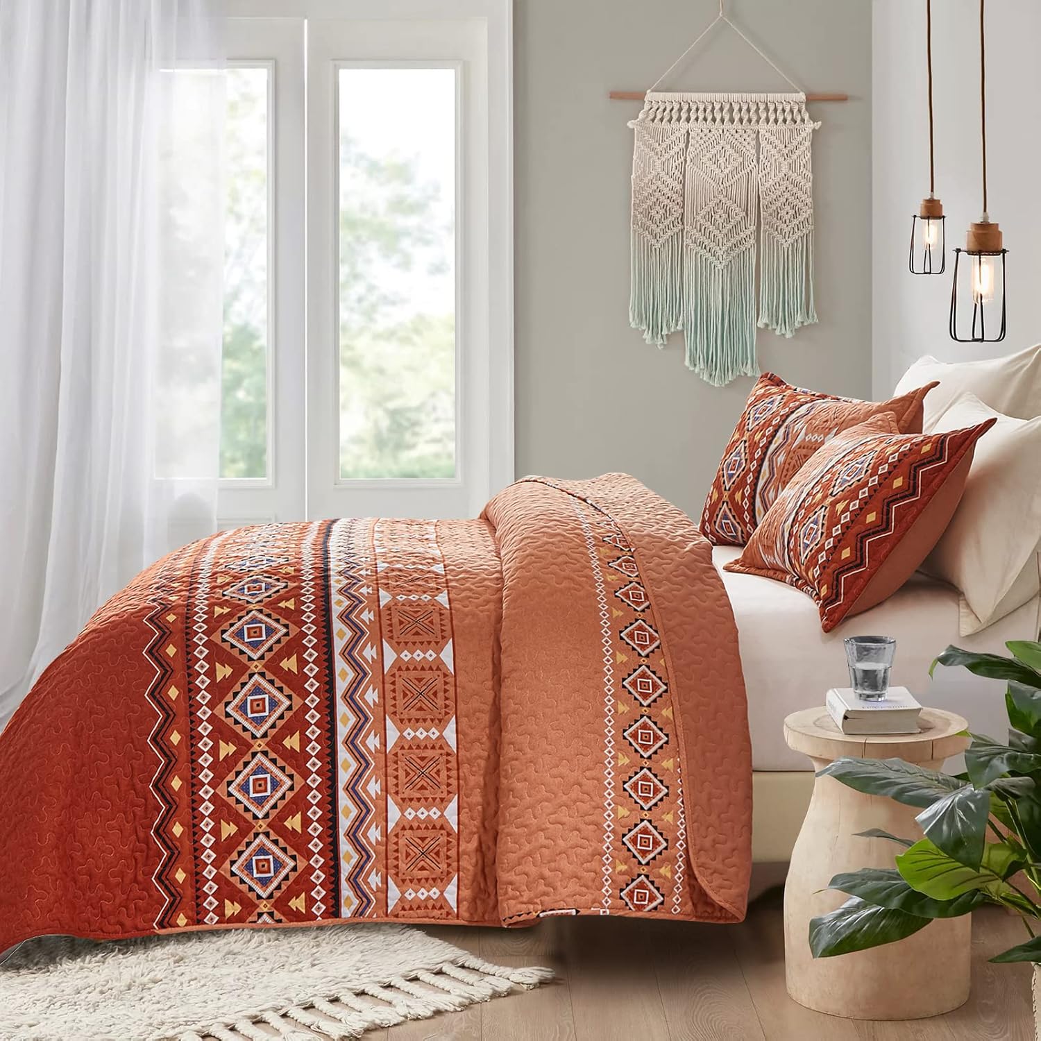 WONGS BEDDING Juego de edredón bohemio California King, 3 piezas, color naranja quemadoóxido, juego de colcha ligera con estampado geométrico con 2