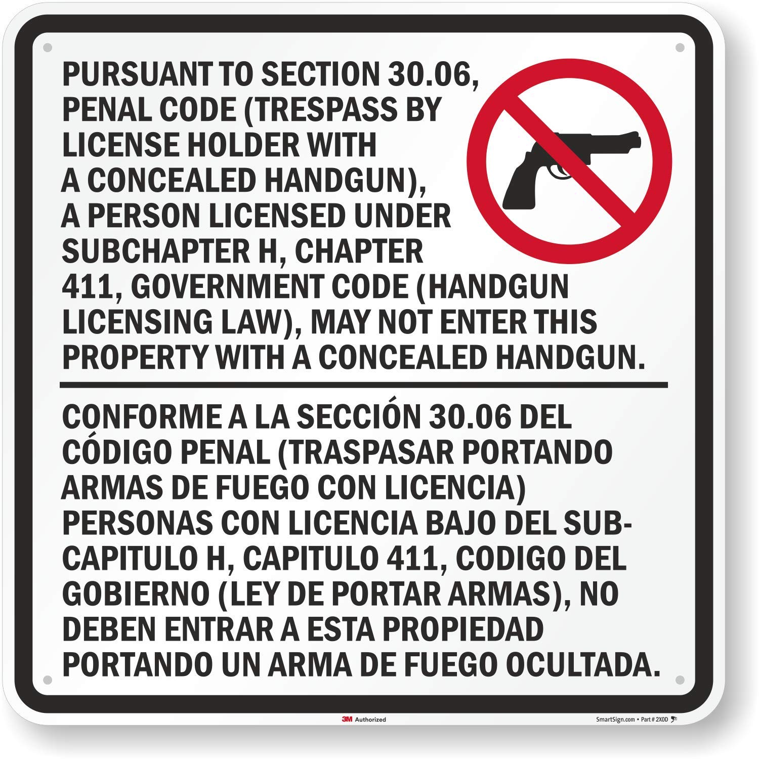 SmartSign “Trespass by License Handgun Prohibited” Sec. 30.06 Texas Law Sign  30″ x 30″ 3M Aluminio reflectante de grado de ingeniero