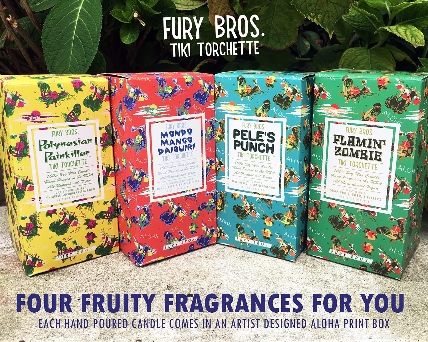 Tiki – Velas de antorcha de FURY BROS.  Un transporte de 70 horas a los trópicos  Analgésico polinesio – Piña, crema de coco y ron  Cera de soja,