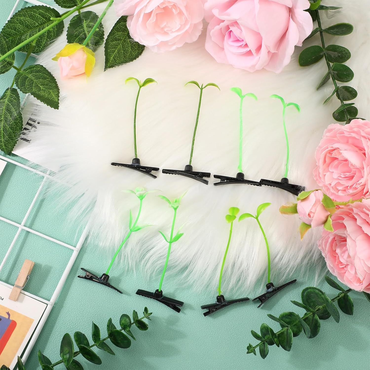 200 pinzas para el cabello con brotes de frijoles, horquillas divertidas para brotes de hierba, brotes de hierba, flores, mariposas, hongos,