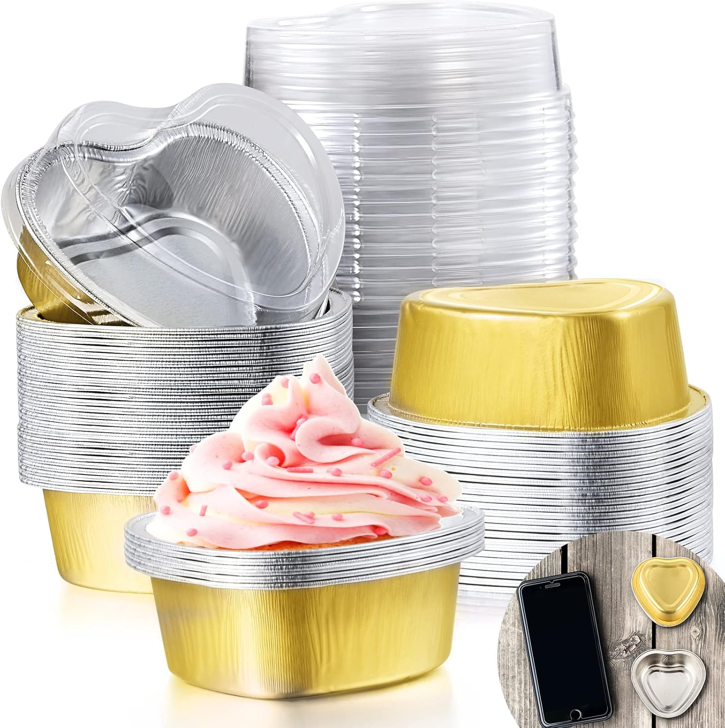 Mini molde de aluminio para pasteles con tapas transparentes de 1.9 fl oz1.86 onzas líquidas, tazas de papel de aluminio en forma de corazón, tazas
