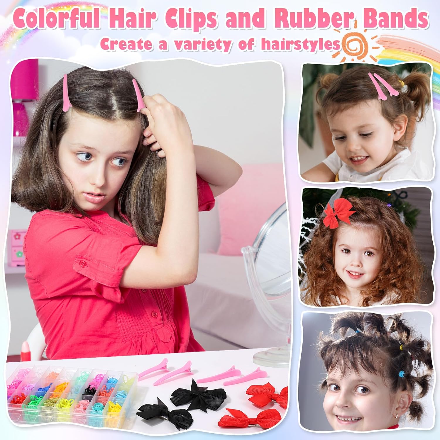 Bandas de goma de 24 colores para el cabello con herramientas de peinado del cabello, 1500 unidades de bandas elásticas para el cabello con