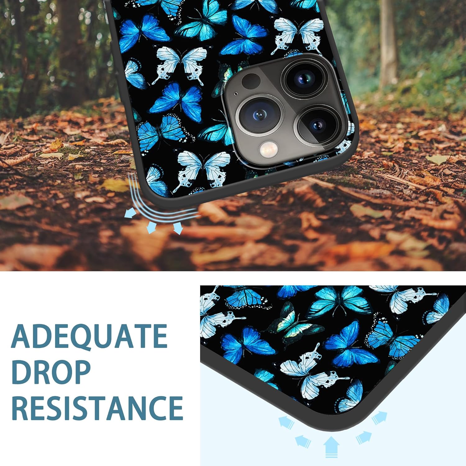 MSEAANBK Funda diseñada para iPhone 15 Pro Max con diseño de mariposas azules de acuarela para iPhone 15 Pro Max de 6.7 pulgadas, TPU suave, cuerpo