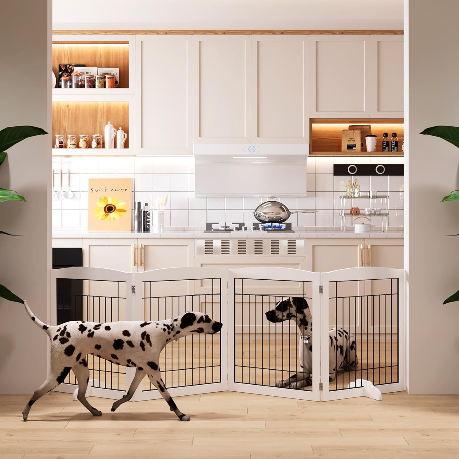 4NM Puerta plegable de madera para perros de 96 pulgadas extra ancha y 30 pulgadas de alto, puerta de alambre independiente para mascotas, puerta de