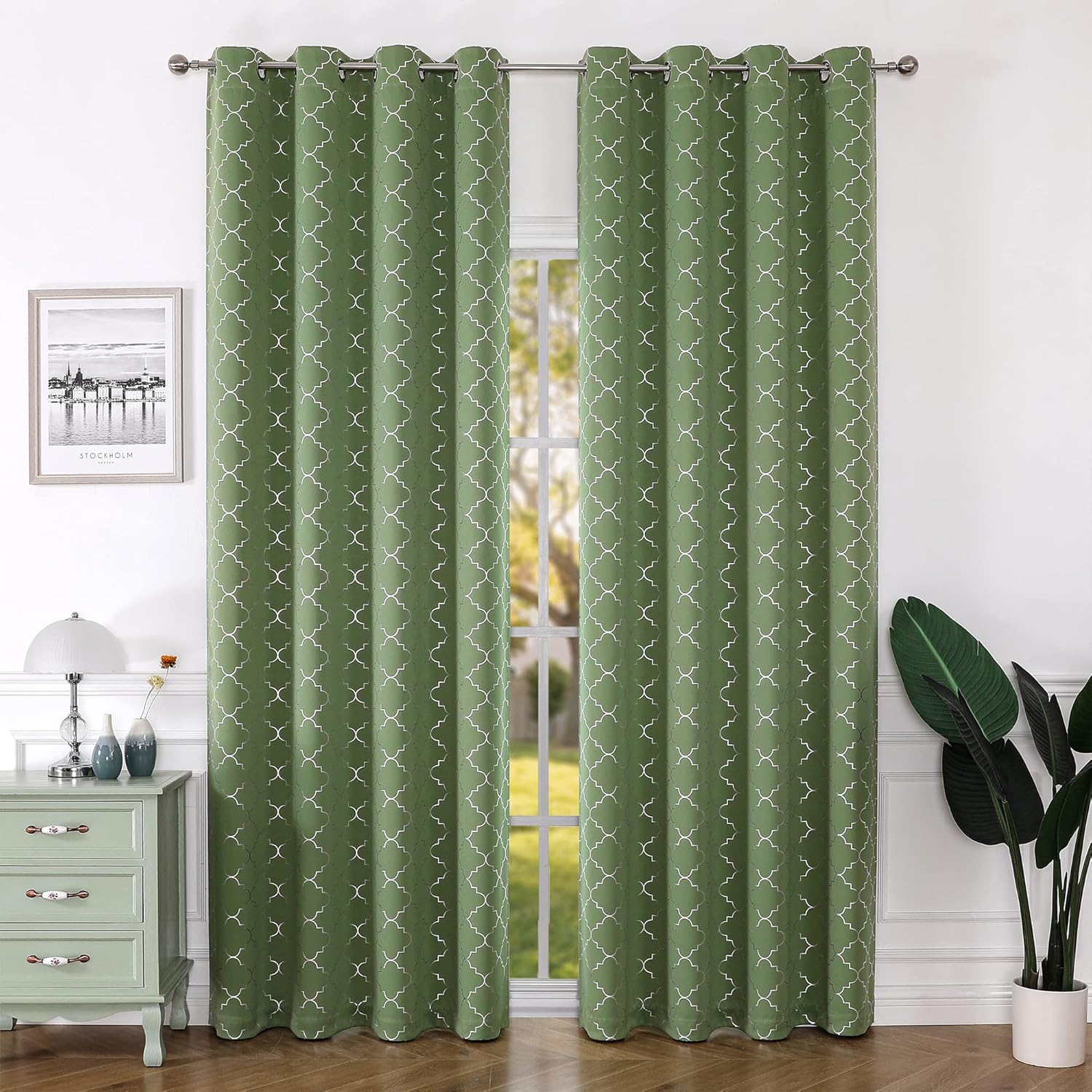 Enactex Cortinas 100% opacas con aislamiento térmico de 84 pulgadas de largo para dormitorio, cortinas verdes con patrón geométrico plateado,