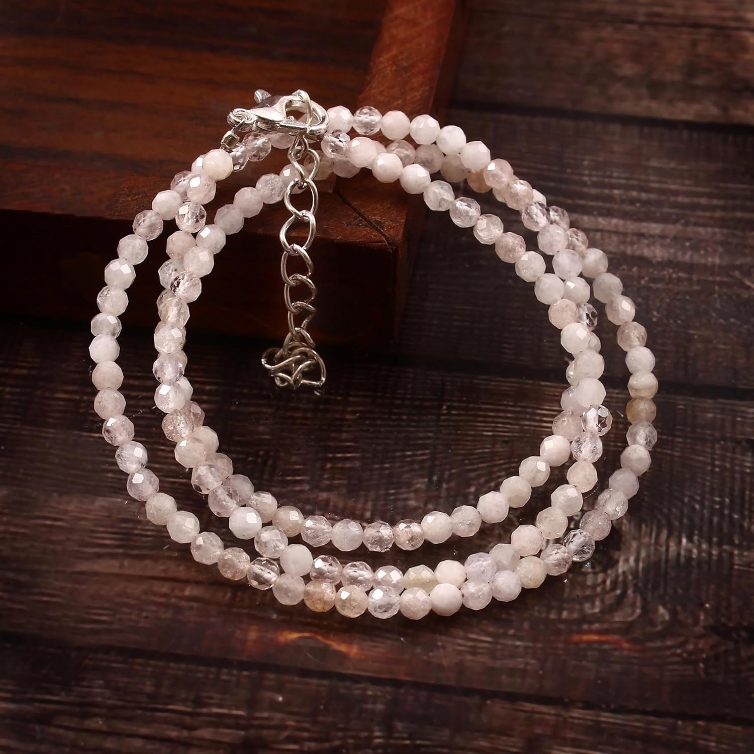 ART ATTENTION Handmade Pink Morganite Beaded Necklace for Women – Dainty Gemstone Beads Choker Necklace w 18 Inch Adjustable Silver Plated Chain &