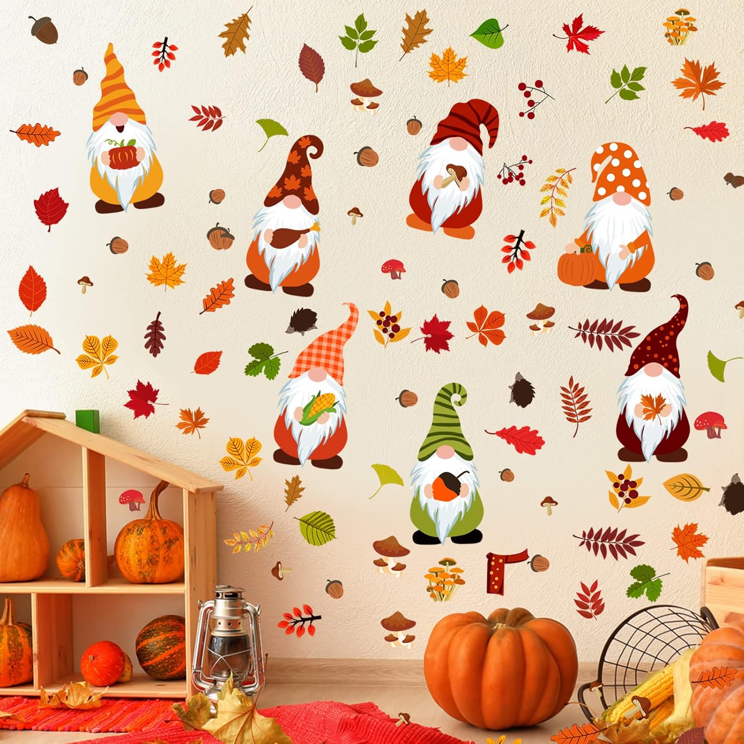 123 calcomanías de pared de gnomos de otoño, calcomanías de pared de Acción de Gracias, hojas de arce de otoño, decoración de pared, calcomanías de