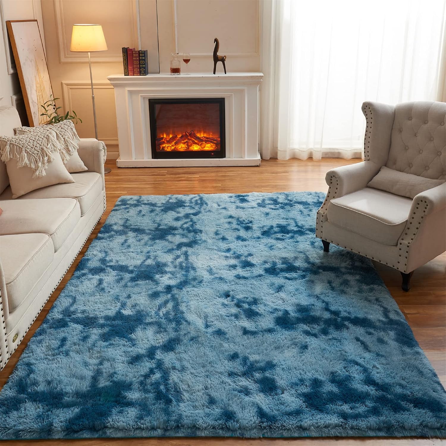 Arbosofe Alfombras de área para sala de estar, dormitorio, 5 x 8 pies, teñido anudado, azul, esponjoso, peludo, alfombra pequeña de felpa suave,