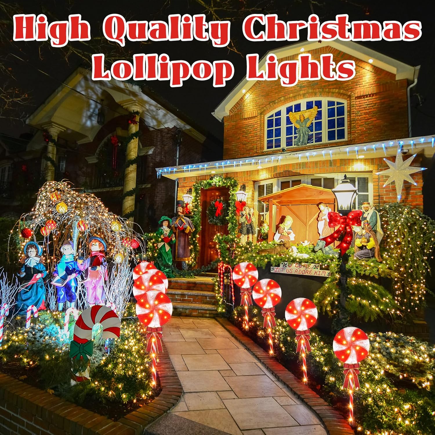 2 juegos de decoraciones de Navidad para exteriores, 26 pulgadas, piruleta de menta, bastón de caramelo, luces de camino, 160 LED, 8 modos de