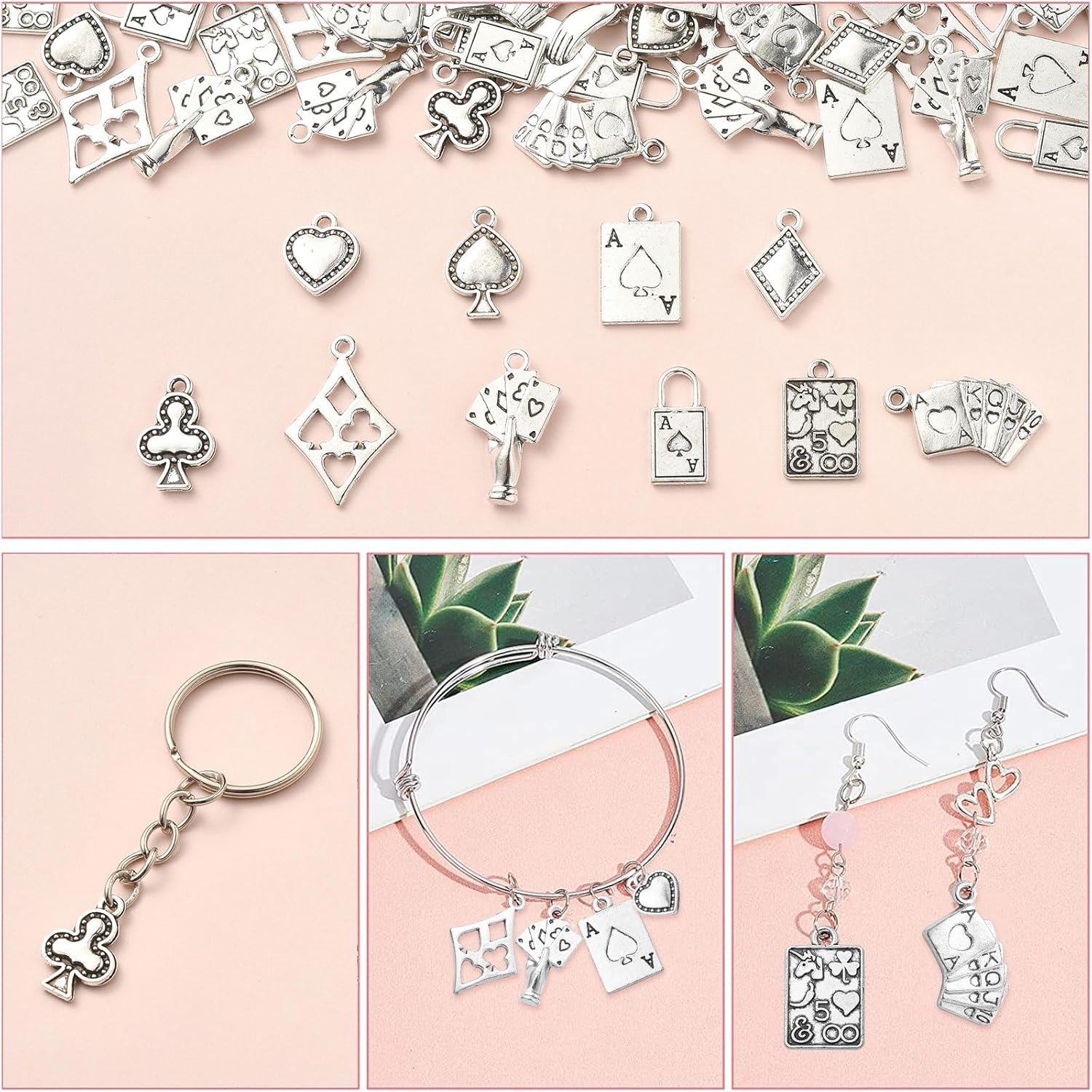 KitBeads 100 dijes de póquer de 10 estilos tibetanos con forma de espada de diamantes para club de diamantes de Las Vegas, dijes de plata antigua