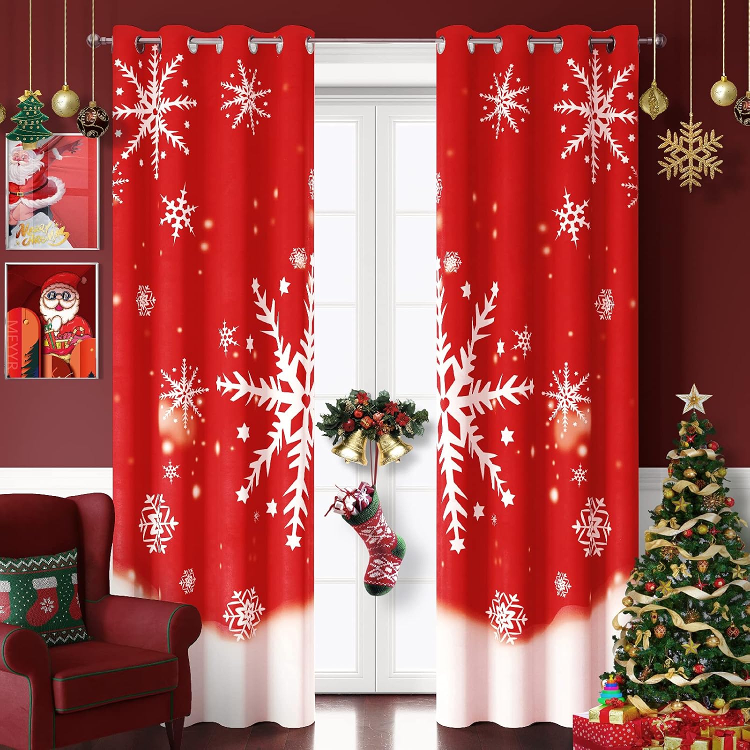 Cortinas de Navidad con copos de nieve para sala de estar, 52 x 84 pulgadas, 2 paneles, cortinas opacas con ojales impresos, cortinas opacas con