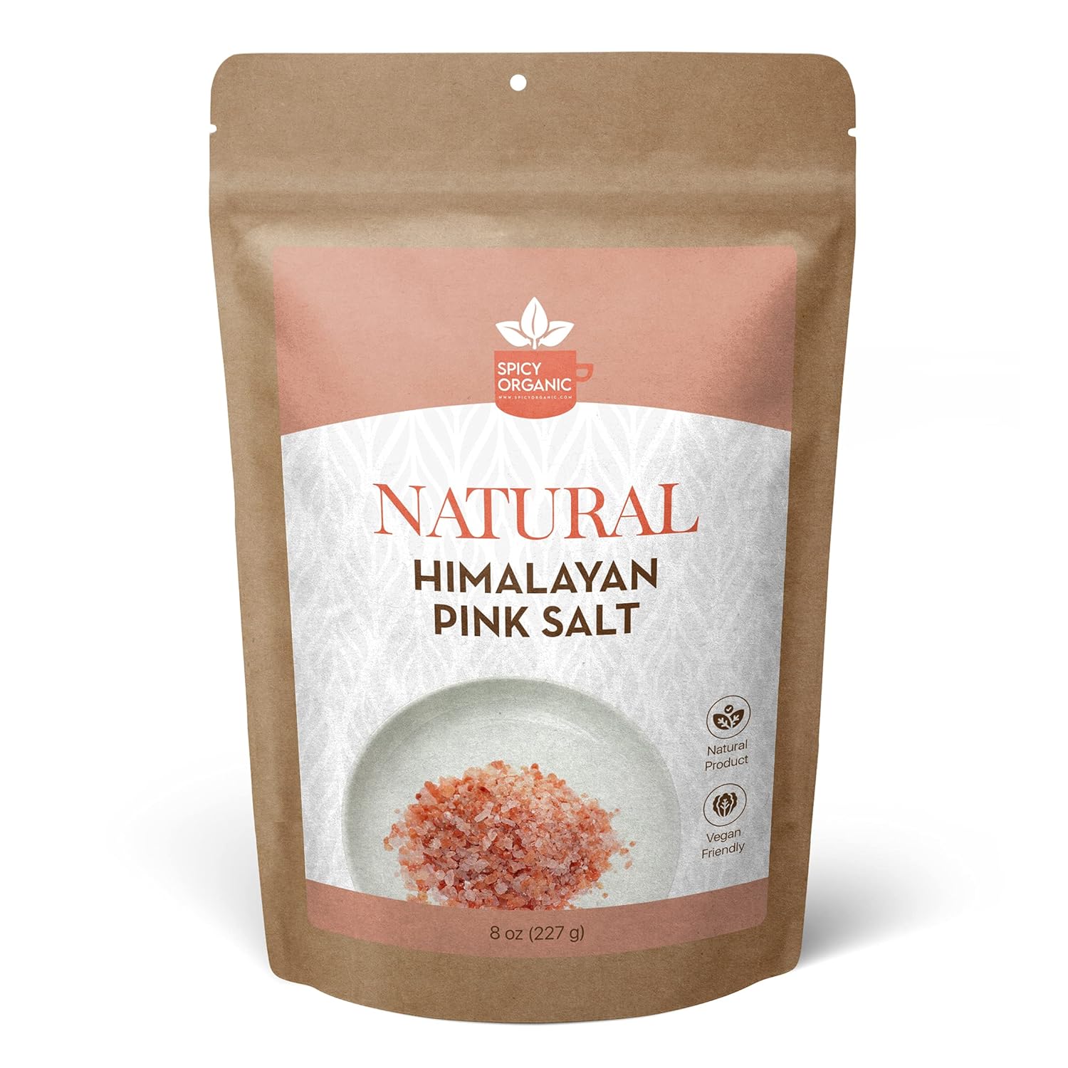 SPICY ORGANIC Sal natural del Himalaya sin OMG, sal rosa del Himalaya sin gluten, rica en 80 minerales y elementos, 8 onzas.