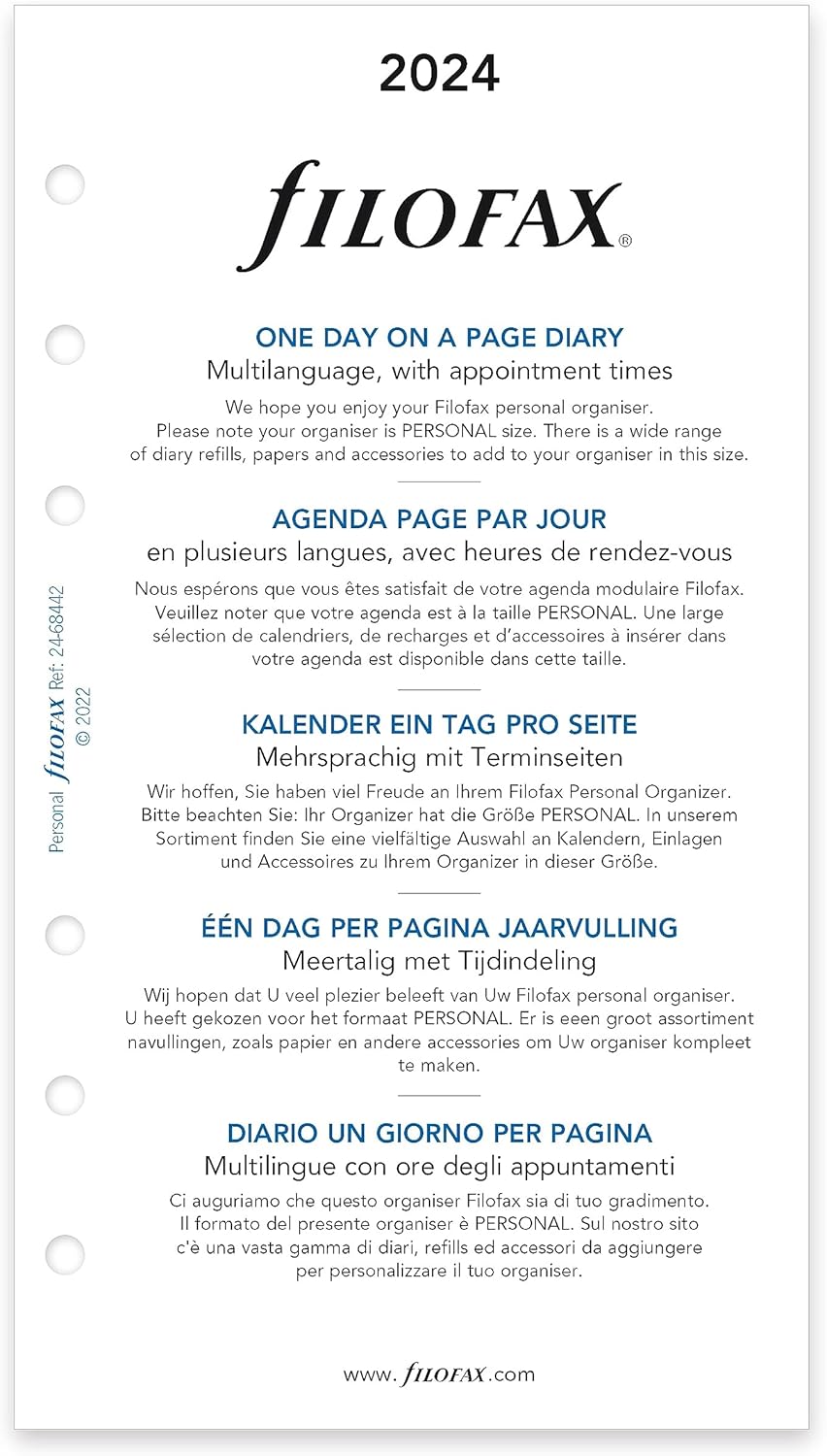 Filofax Calendario de recambio de diario, tamaño personalcompacto, día en una página con citas, a rayas, papel blanco, multilingüe cinco idiomas,