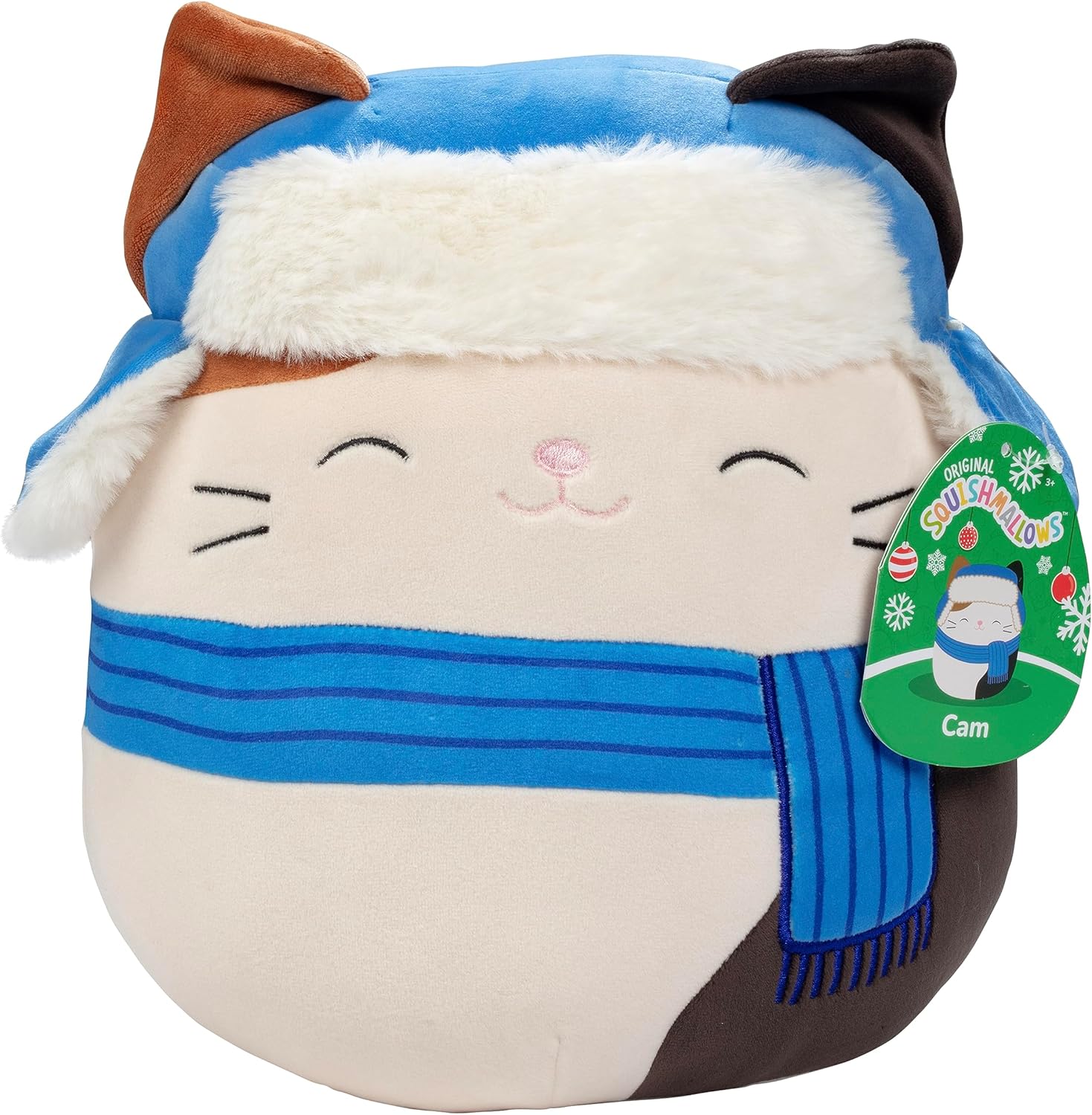 Squishmallows Peluche de Cam The Cat de 10 pulgadas con sombrero y bufanda de invierno, Kellytoy oficial, juguete de peluche coleccionable suave y