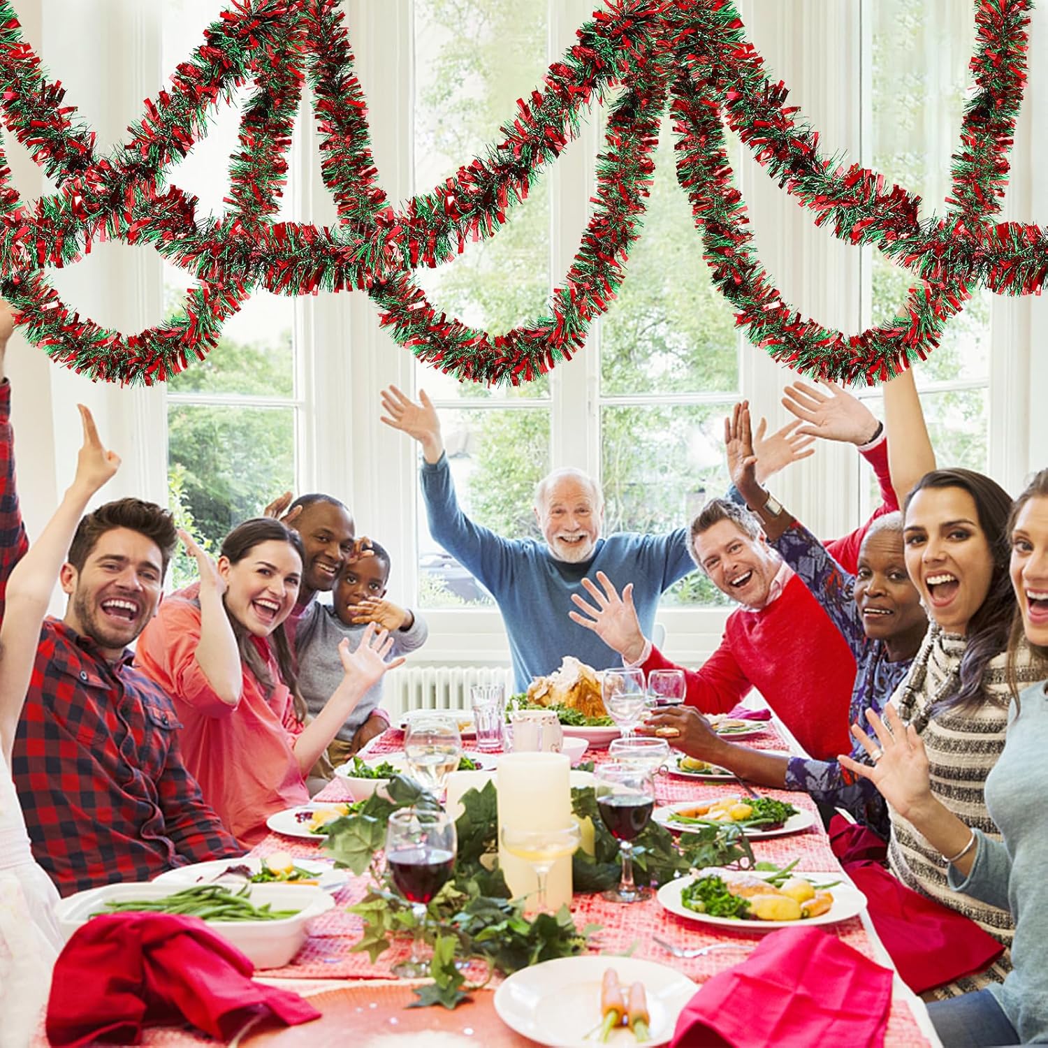 Guirnalda de oropel de Navidad de 72 pies, decoraciones metálicas gruesas y elásticas para árbol de Navidad, adornos de Navidad rojos y verdes