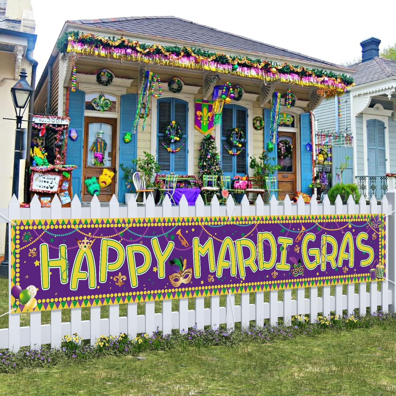Probsin Cartel de Mardi Gras de 120 x 20 pulgadas, decoración para patio, decoración de Nueva Orleans, suministros para fiestas de máscaras, corona