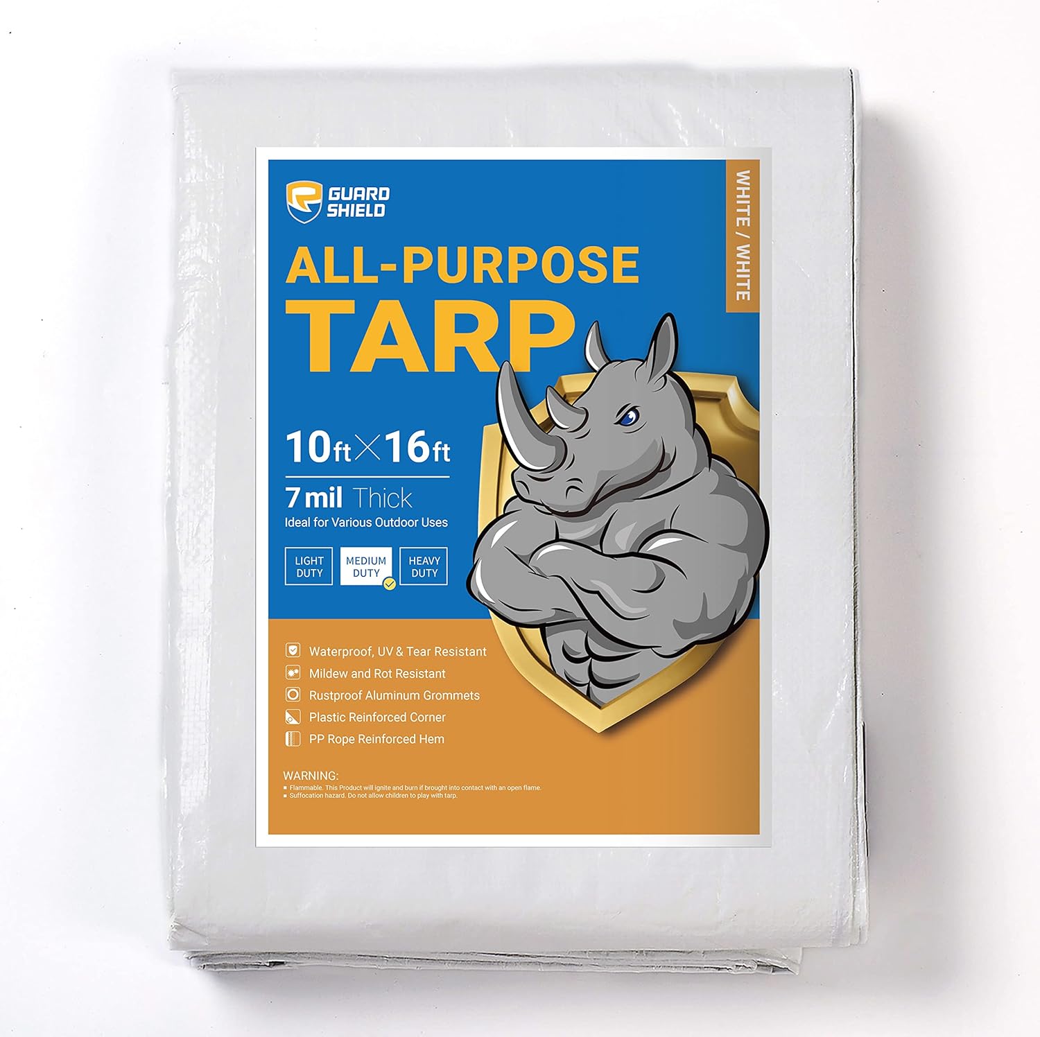 GUARD SHIELD – Lona blanca impermeable de 10 x 16 pies, cubierta de lona de polietileno, multiusos, de resistencia media, de 7 mil