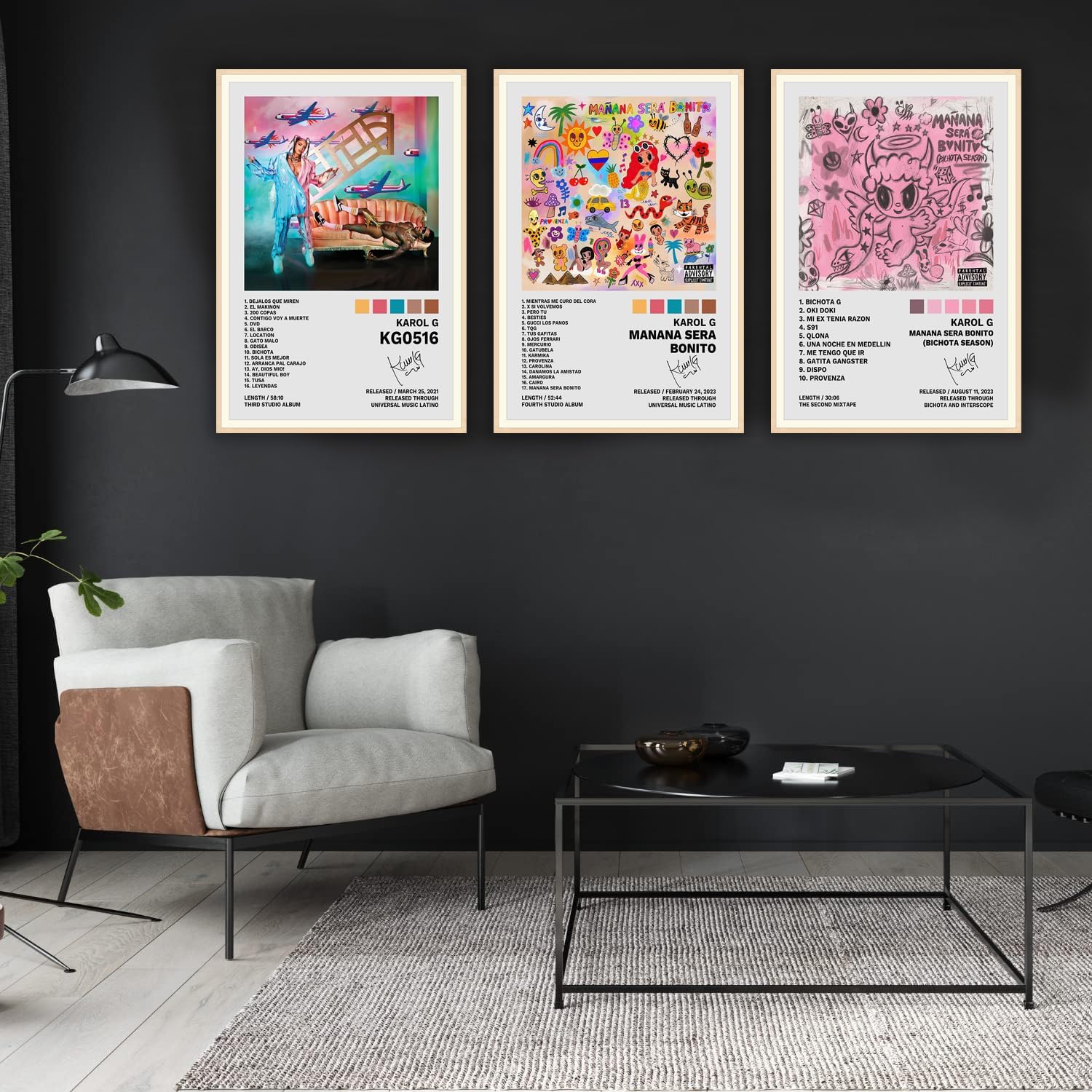 JINOS Karol G Poster A Set de 3 pósteres de lienzo para álbum, pintura decorativa, lienzo, pósteres de pared e impresión artística moderna para