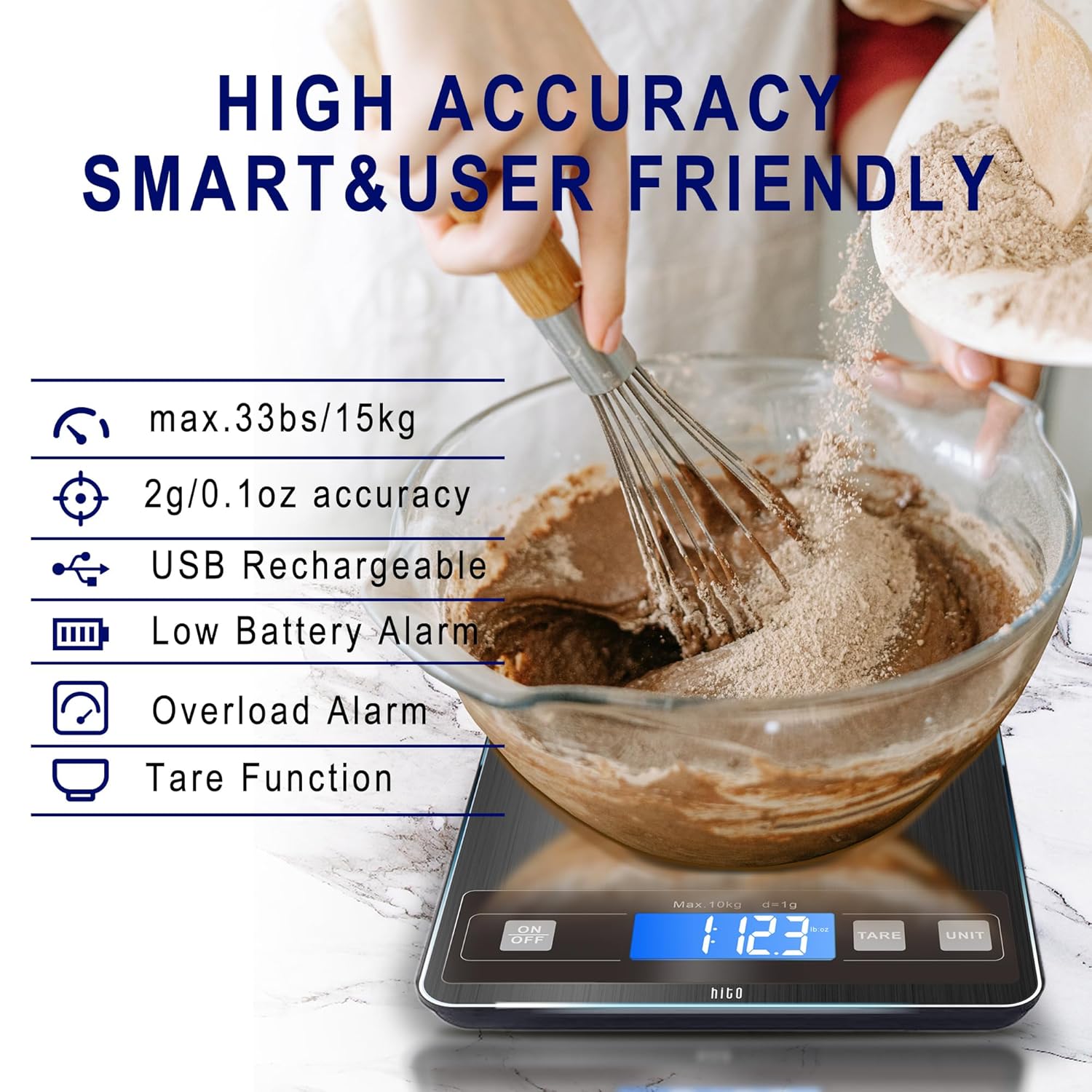 hito Báscula de alimentos, báscula digital de cocina de 33 libras, peso gramos y onzas, impermeable, recargable, para pérdida de peso, cocinar y
