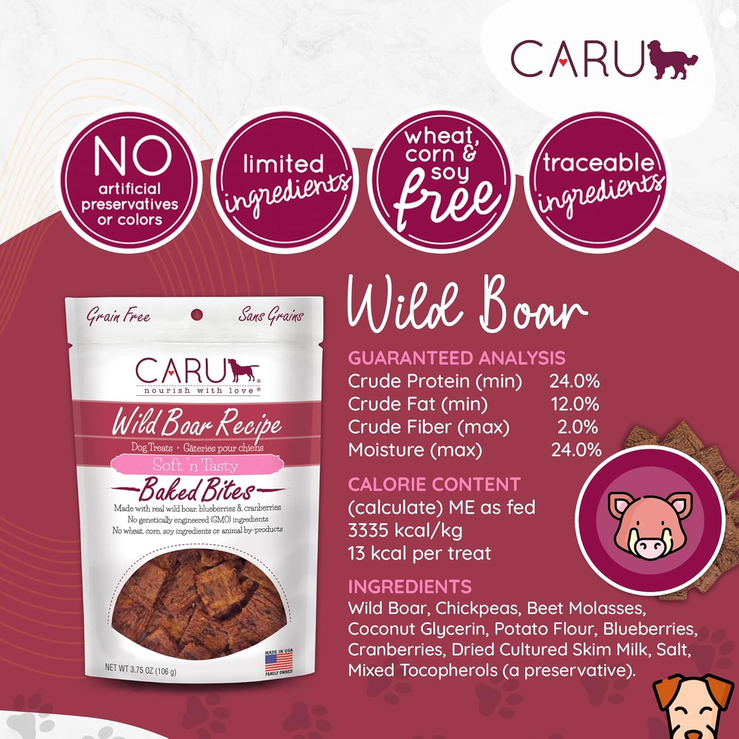 CARU – Soft ‘n Tasty Baked Bites – Golosinas para perros Wild Boar Bites – Deliciosas golosinas de entrenamiento – 3.75 oz.