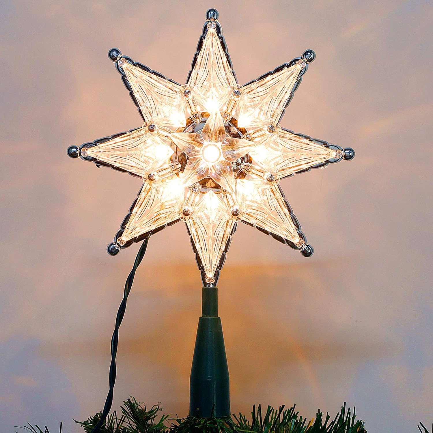 Twinkle Star Decoración para árbol de Navidad iluminada, estrella transparente de 8 puntos con 10 miniluces incandescentes, decoración de árbol de