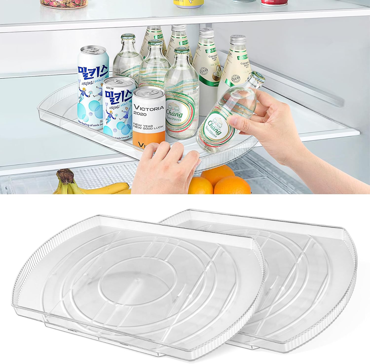 Lazy Susan Organizador para refrigerador, mesa giratoria rectangular para condimentos, estante de almacenamiento giratorio transparente para