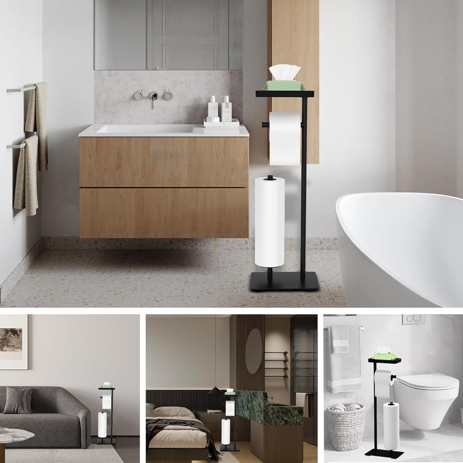 Soporte de papel higiénico de pie, soporte de papel higiénico de pie, soporte de rollo de papel higiénico de baño con almacenamiento con diseño de